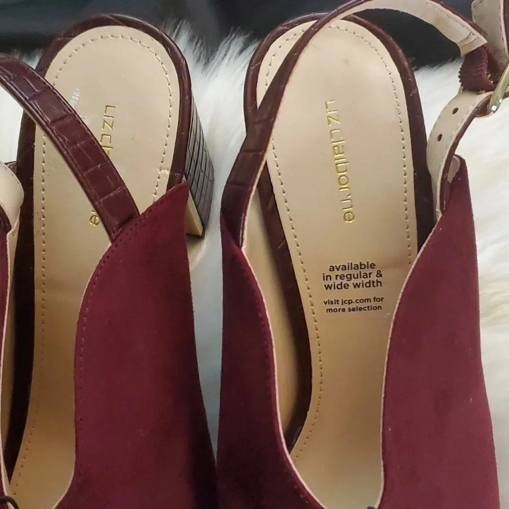 NEW Liz Claiborne Suede Like Burgundy,Gold and Textured Heel, Adjustable Buckle